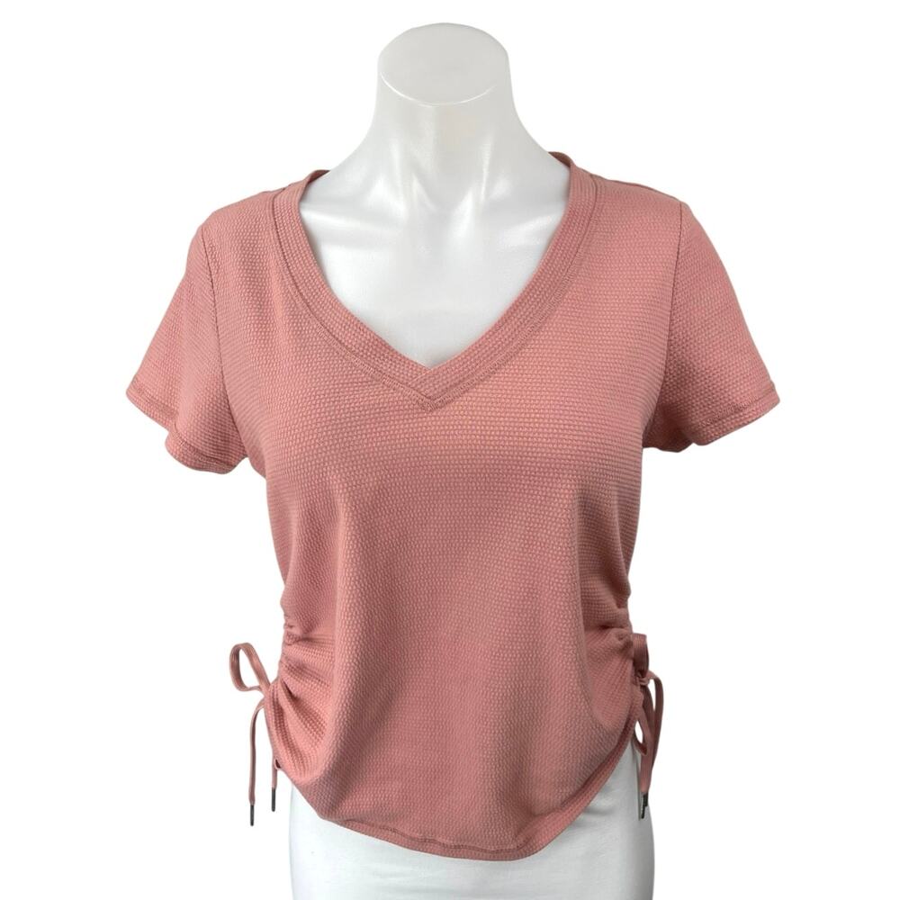 Calvin Klein Pink Waffle Knit Ruched Short Sleeve V Neck T Shirt Tee Top Size S